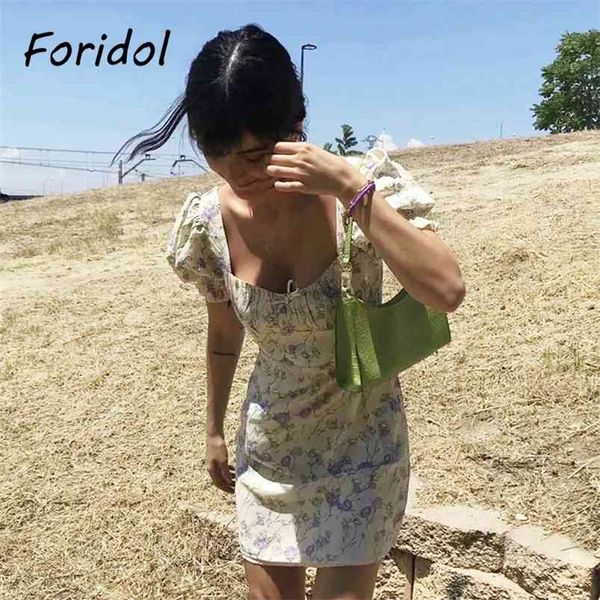 

puff sleeve vintage chiffon summer dress women floral print boho short mini sundress beach white 210427, Black;red