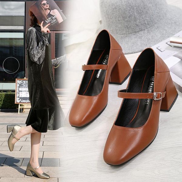 

dress shoes 2021 summer retro mary jane shallow mouth thick heel single women's high heels large size 35-46, Black