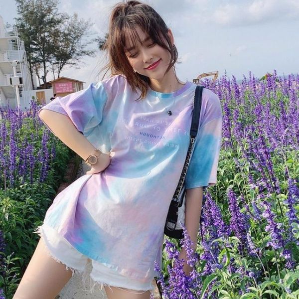 

women's t-shirt women loose tshirt streetwear o-neck tie dye rainbow letter print 2021 harajuku summer short sleeve t shirt, White