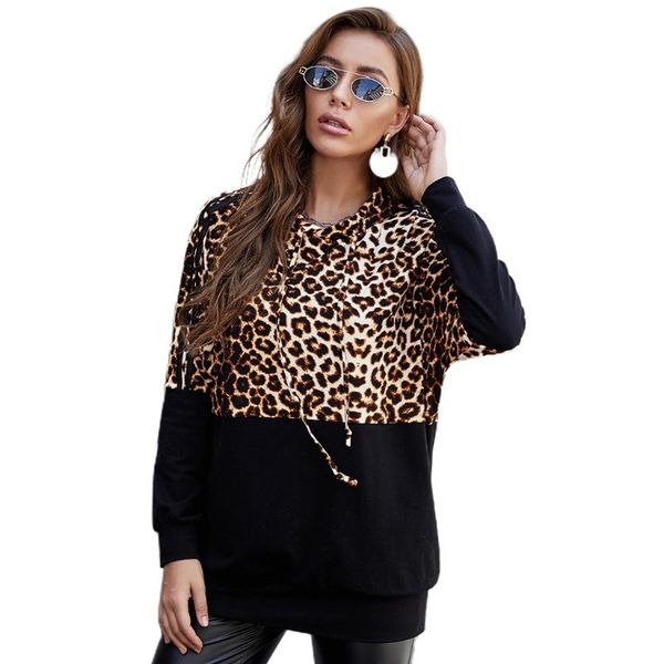 

women's hoodies & sweatshirts women drawstring color block leopard tunic 2021 autumn long sleeve side stripes casual loose pullover st, Black