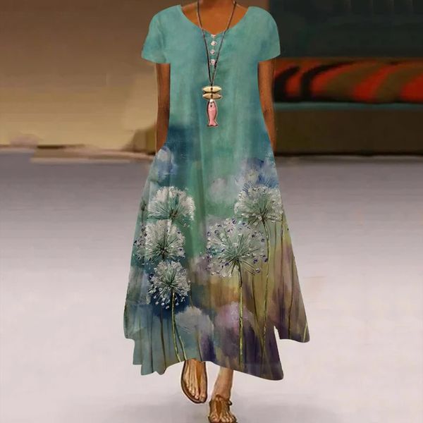 

vintage bohemian maxi summer robe women dresses femme plus size print daily casual short sleeve o neck vestido, Black;gray