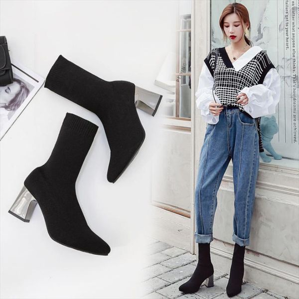 

boots women sock knitted high heels autumn for female pumps pointed toe slip on fashion ladies footwear elegant 2021 plus size, Black