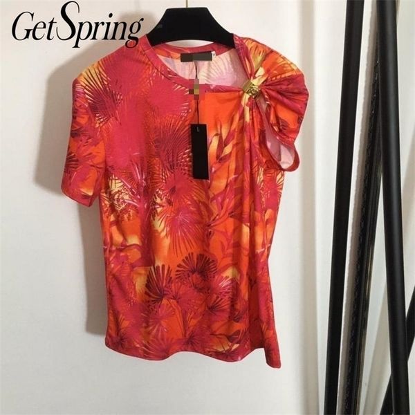 

getspring women t shirt asymmetry short sleeve print t shirt women irregular vintage casual flowers t-shirt women fashion 210324, White