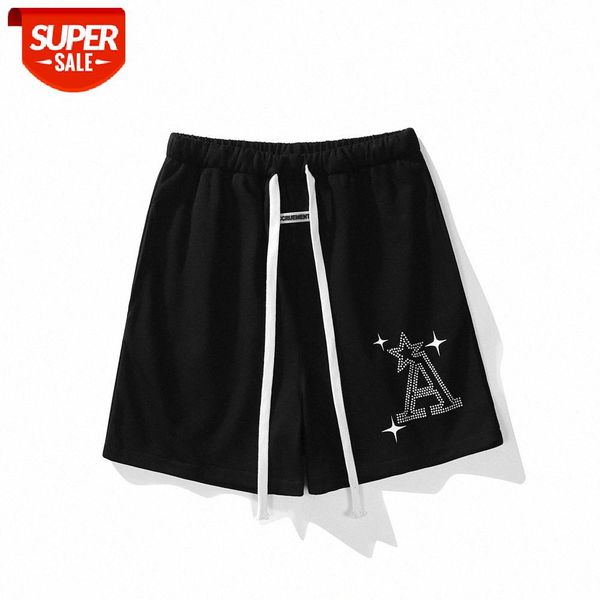 

rhinestone letter printing casual shorts men's wind loose straight five-point pants flow guard #583c, Black