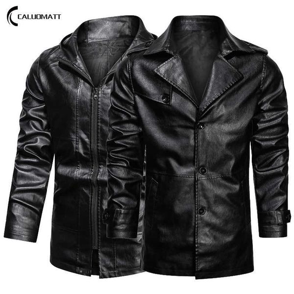 Мужские искусственные кожаные куртки длинный стиль с капюшоном бомбардировщик куртка кожа для мужской моды Slim тонкие одежды мужские пальто 211018