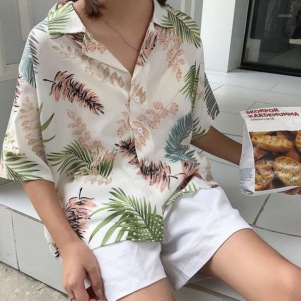 

women's blouses & shirts 2021 boho leaves printed shirt blouse short sleeve turn down collar chiffon ladies chic, White
