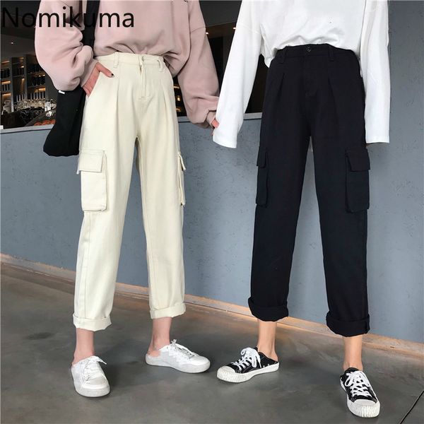

nomikuma new jeans cargo pants korean causal solid pockets ankle trousers women high waisted straight demin pants 6b943 210427, Blue
