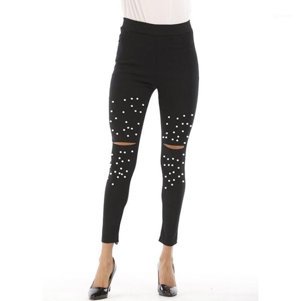 

women's jeans fashion women black hole bead summer girls destroyed ripped pearled slim denim boyfriend trousers female1, Blue