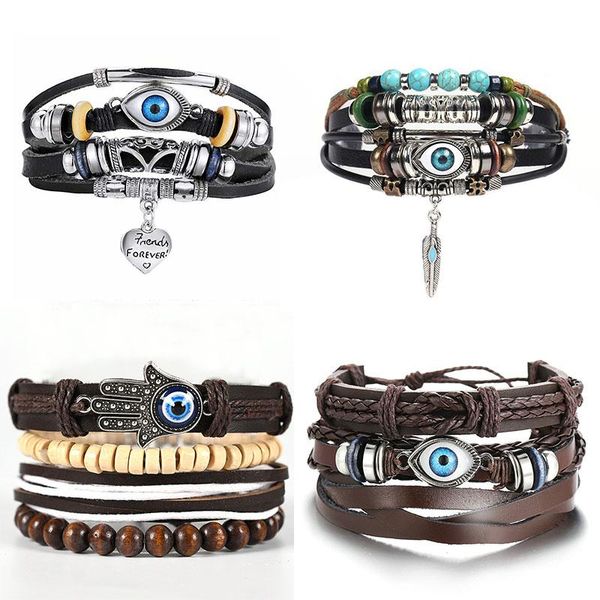 

tennis vintage leather wrap bracelets for men fatima hand evil eye charm women rope braided handmade beads braclet, Golden;silver