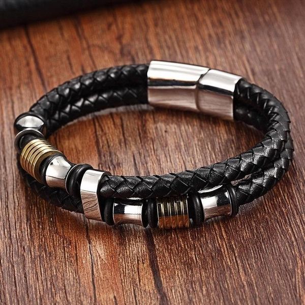

charm bracelets fashionable double-layer leather bracelet with metal magnetic buckle for men jewelry gifts, Golden;silver