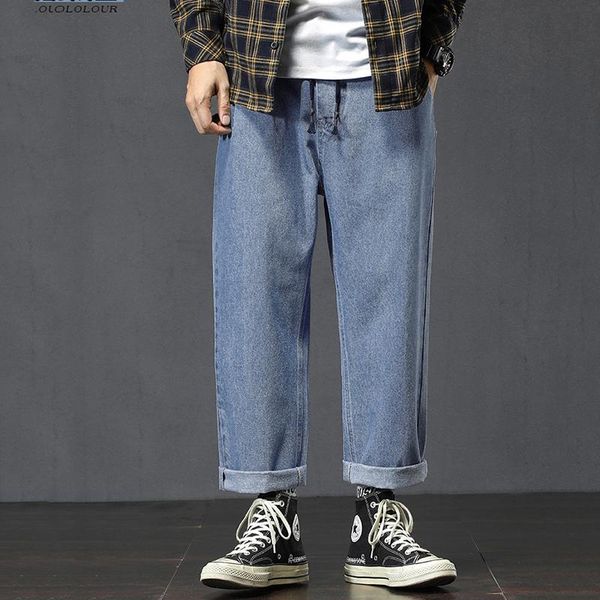 

men's jeans big straight trousers simple stretch waist autumn loose fat nine-point denim old pants plus size, Blue