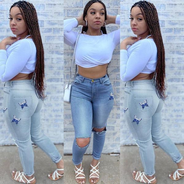

women jeans with holes in the knee 2021 fashion butterfly print high waist ripped female casual skinny denim pencil pants women's, Blue