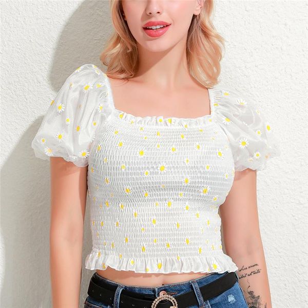 

floral puff sleeve square neck nesh crop ruffle blouse women 2021 korean kawaii clothes summer blouses vintage blue women's & shirt, White