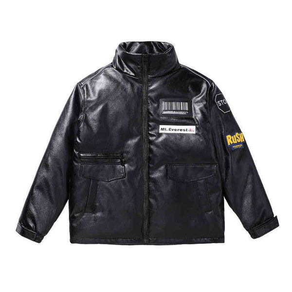 

men's down et and women's couples 2021 winter thickened loose coat fashion pu leather, Black