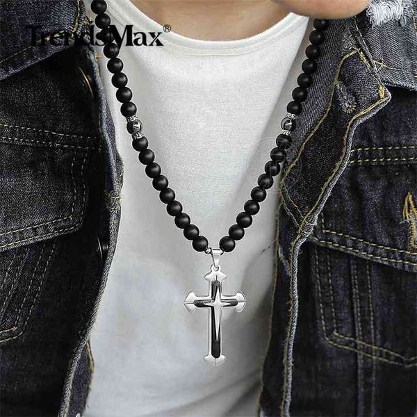 Trendsmax Matte Glasperlen Lange Kette Halskette für Herren Schwarz Kreuz Kruzifix Anhänger Religiöser Schmuck DN122 210721