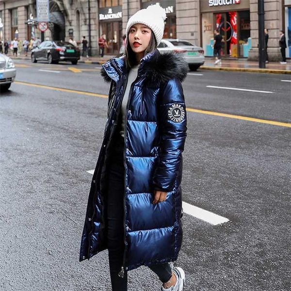 

women's winter fur collar hooded long over-the-knee coat pu bright skin is thin korean down parker cotton woman jacket 211008, Black