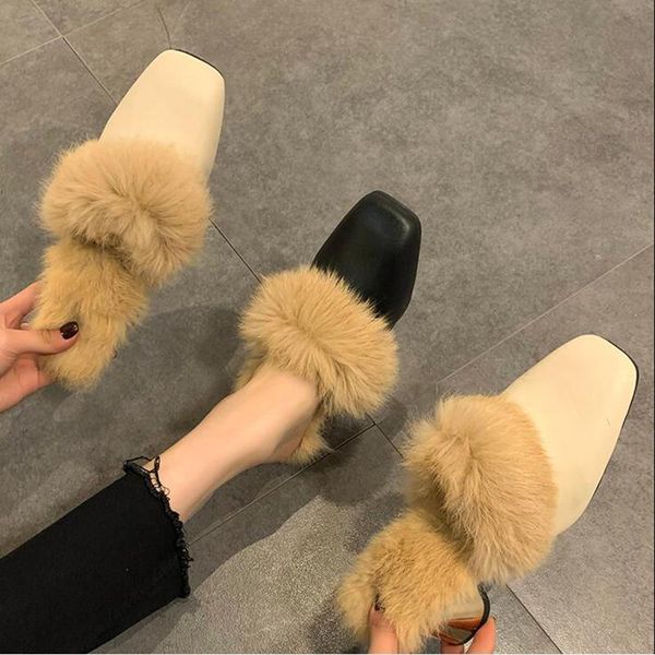 

slippers women shoes winter mules 2021 outdoor long fur warm fashion high heel d664, Black