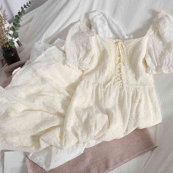 

casual dresses korean cross-tie puff sleeve vintage dress lace square collar elegant womens summer wild thin embroidered long end2, Black;gray