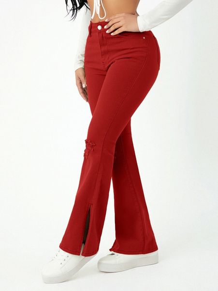 

petite split hem flared leg ripped jeans f9hx#, Blue