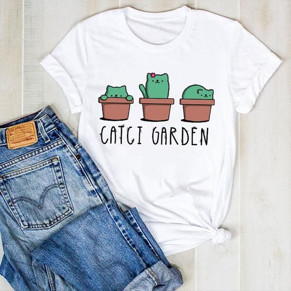 

plant summer cat animal women cactus print tee clothes graphic clothing, White