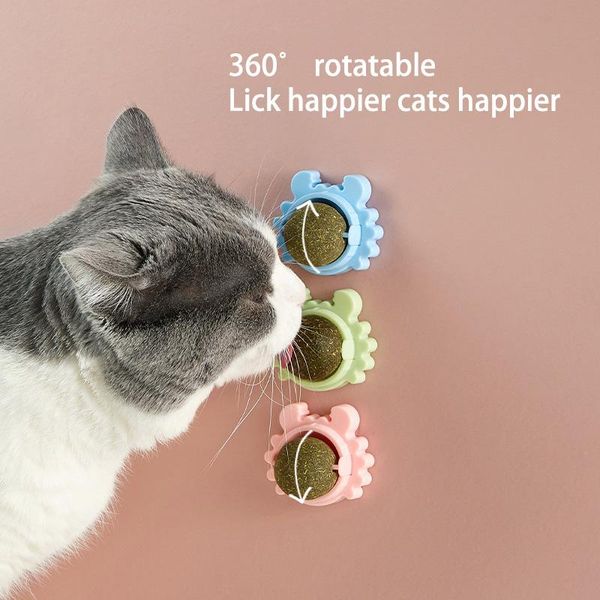 

cat toys portable catnip ball treat snack self-adhesive rotated cats wall mount molar teething squeak toy for