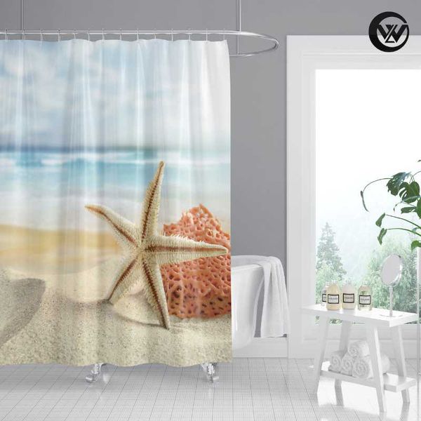 

shower curtains fashion 3d beach starfish waterproof boho bath curtain, mildew resistant print polyester nature bathroom curtain