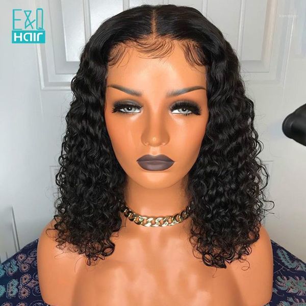 

density short bob curly middle part lace front human hair wigs for women pre plucked brazilian remy bleached knots1, Black;brown