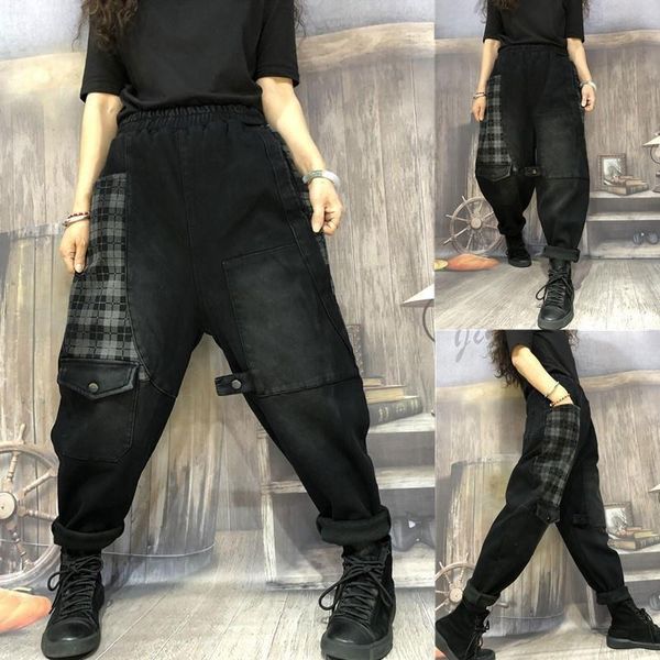 

women's jeans 2021 spring autumn arts style women elastic waist loose black femme vintage patchwork plaid denim harem pants v60, Blue