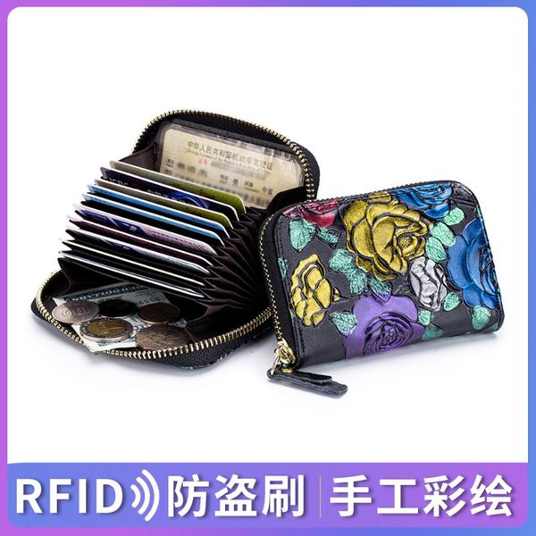 

card holders fashion organ package nfc anti-shielding stolen brush female multi-card rfid leather zipper small mini, Brown;gray