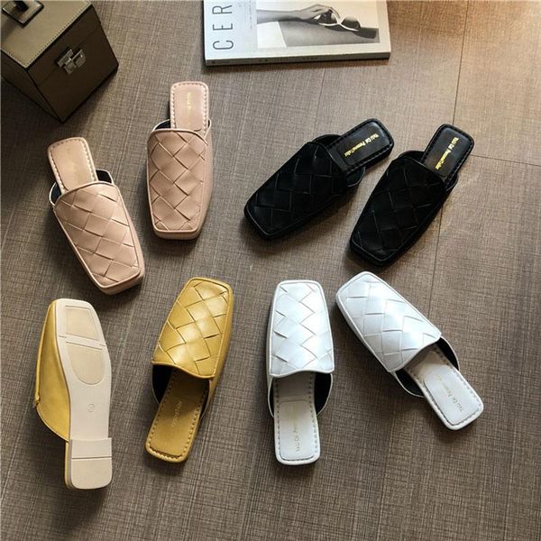 

slippers hee grand 2021 chic square toe knitted mules summer slides women flat soft pu flip flops outdoor sandals xwt1927, Black