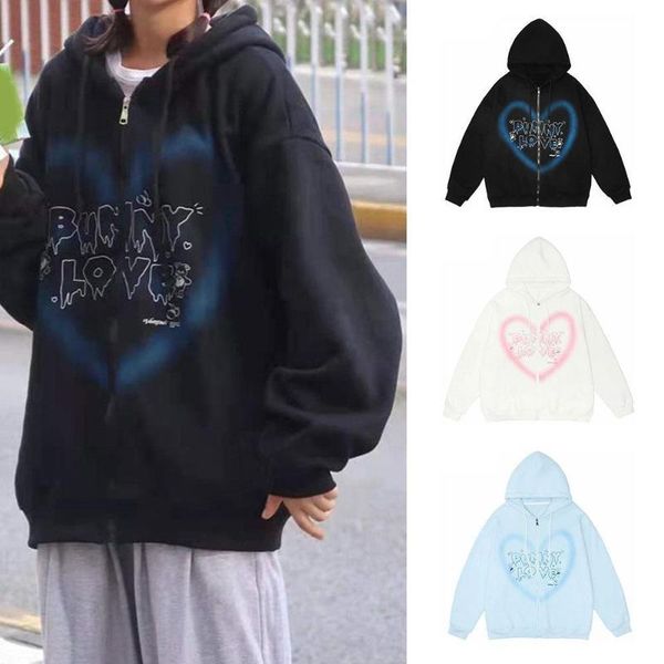 

men's hoodies & sweatshirts 2021 fashion zipper hooded sweatshirt women's heart-shaped printed loose jacket hip hop streetwear aut, Black