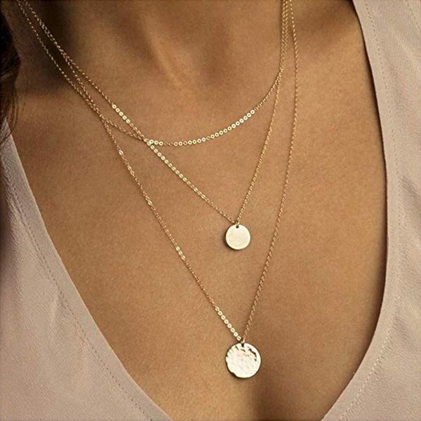 Anhänger Halsketten Vintage Einfache Doppelschicht Gold Farbe Halskette Frauen Runde Kreise Geometrische Münze Schlüsselbein Kette Choker Dame Schmuck