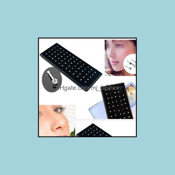 Burun Halkaları Saplamalar Boby Hint Stili Satan Vücut Takıları 60 PCS/SET KRİSTAL RHINESTONE YÜZEYİ KEMİK ÇELİK SADECE Cerrahi Çelik Piercing 10 Drop Delim