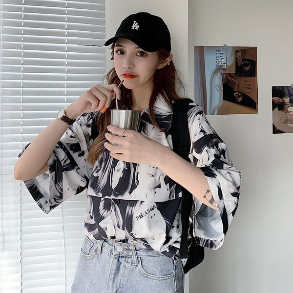 

2021 new women's silk chiffon shirt, casual, large, hawaiian print, short sleeve, blouse, summer loose series 4smh, Black;white