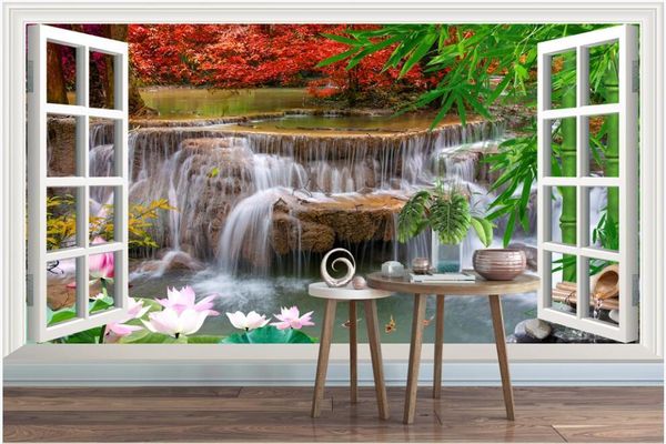

wallpapers custom po mural on the wall 3d wallpaper forest waterfall window scenery home decor living room for walls 3 d