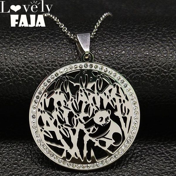 

fashion panda bamboo crystal stainless steel chain necklace for women silver color necklaces jewelry bijoux femme k77492b pendant