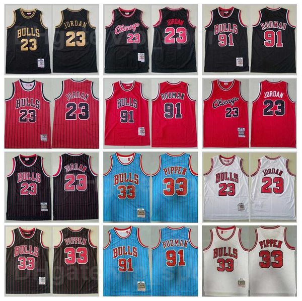 

men retro basketball michael mitchell and ness jersey 23 scottie pippen 33 dennis rodman 91 stripe black red white blue color vintage