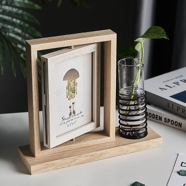 

nordic home decor creative wooden rotating double-sided mirror po frame glass hydroponic flower arranger ornaments nightlight frames