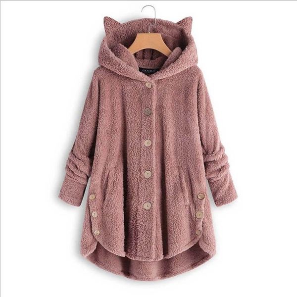 

women's hoodies & sweatshirts women jacket winter cat ear hooded fluffy plush long sleeve warm basic ladies outerwear button coat casac, Black