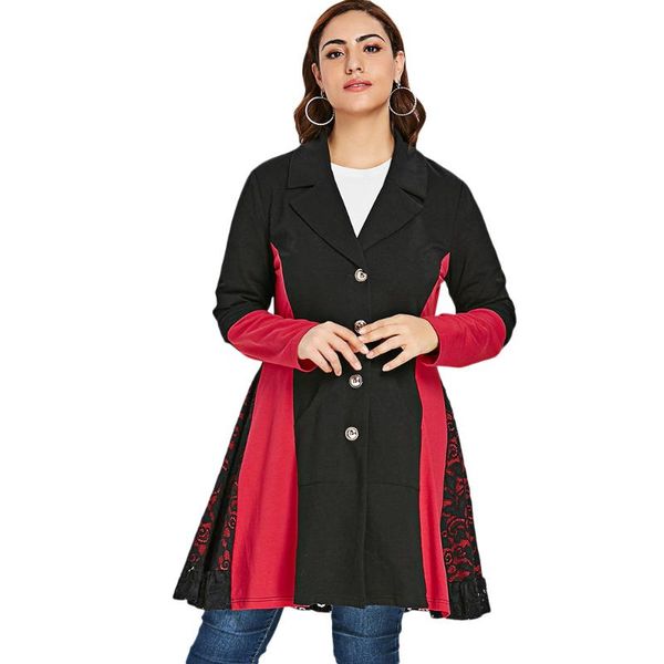 

women's trench coats plus size lace panel color block coat, Tan;black
