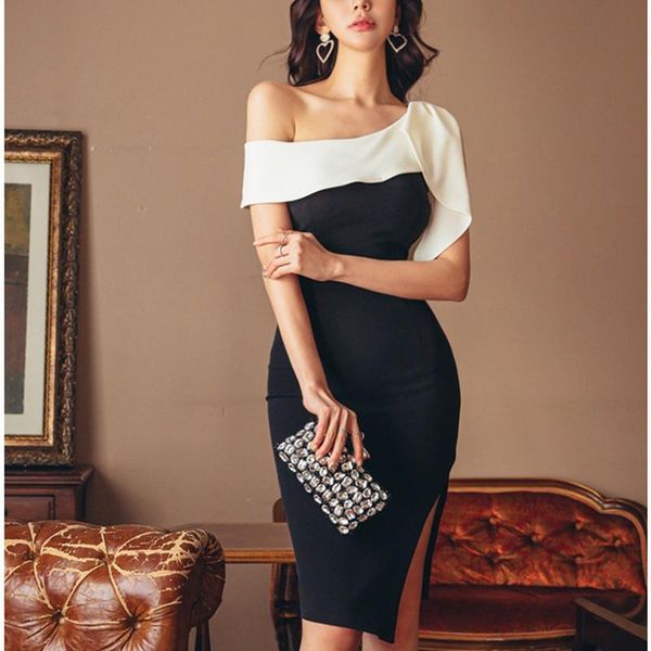 

casual dresses 2021 summer dinner party bandage bodycon korean wrap pencil dress vintage elegant birthday black women vestidos, Black;gray