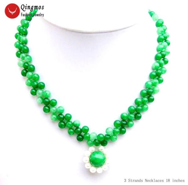 

qingmos 24mm flower pearl pendant necklace for women with 6mm dark green jades 3 strands handwork weave 18'' chokers, Golden;silver