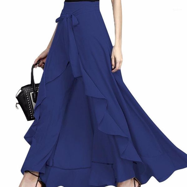

skirts women casual irregular ruffle slim lace-up high waist long big swing pantskirts ladies solid color travel wedding dance skirt, Black