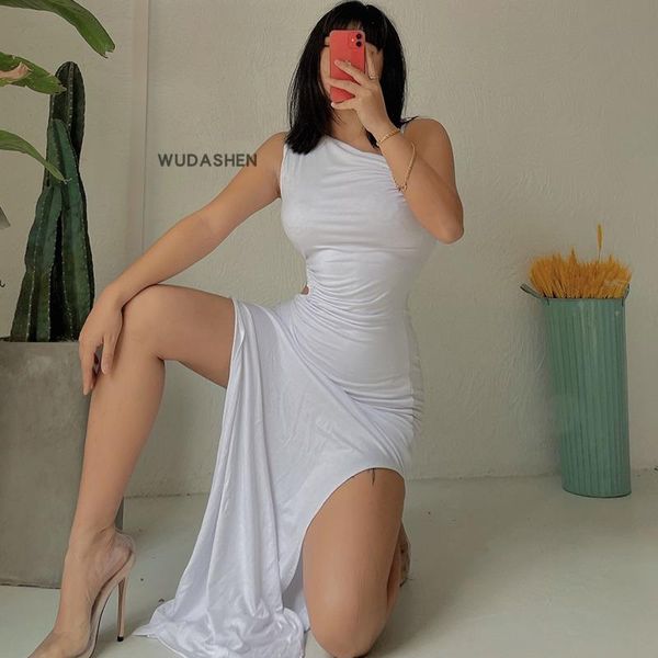 

casual dresses womengaga summer cotton sleeveless irregular high waist hollow long split pleated maxi party dress women ytih, Black;gray