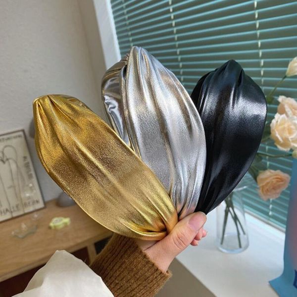 Moda Kadınlar Kafa Altın Gümüş Geniş Yan Hairband Shining Deri Türban Katı Renk Saç Aksesuarları Toptan