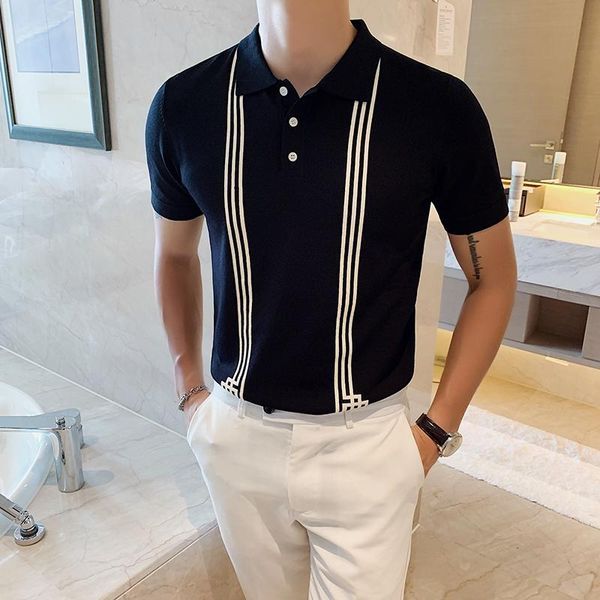 

men's polos summer knitted short sleeve shirts men casual slim fit business male formal social lapel tee clothing, White;black