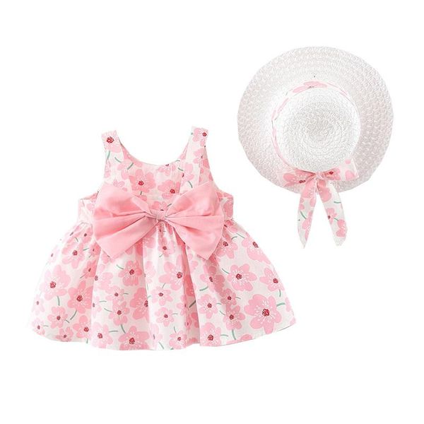 

girl's dresses flowers big back bow baby girls dress summer clothes for kids cotton sleeveless outfit with hat, Red;yellow