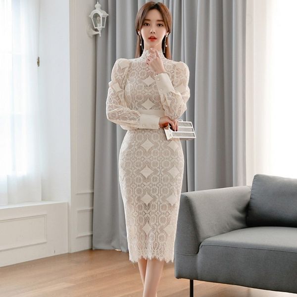 Autumn Runway Koreanische Frauen Elegante Luxus Beige Mesh Kleid Spitze Aushöhlen Patchwork Chic Hight Taille Mantelkleider Vestidos 210514