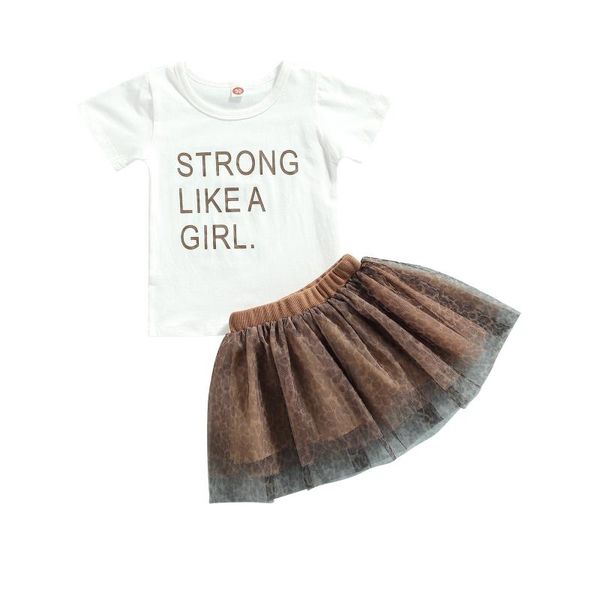 

clothing sets 2 pieces kids baby girl clothes summer letter print o-neck short sleeve leopard midi skirt children's set, White