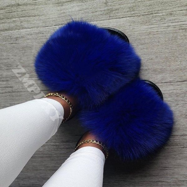 

solid color big fur slippers women real slides fashion fluffy plush furry female indoor flat sandals wholesal, Black